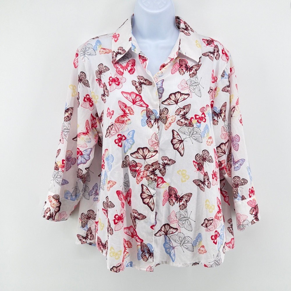 Foxcroft Wrinkle Free Butterfly Print Button Down Shirt 100% Cotton 14P Petite